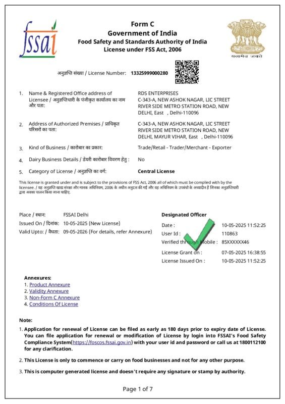 thumbnail of FSSAI LICENCE RDS ENTERPRISES