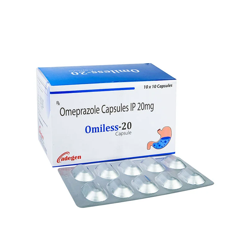 Omeprazole 20mg capsules in blister packs and pure white API powder by RDS Exports