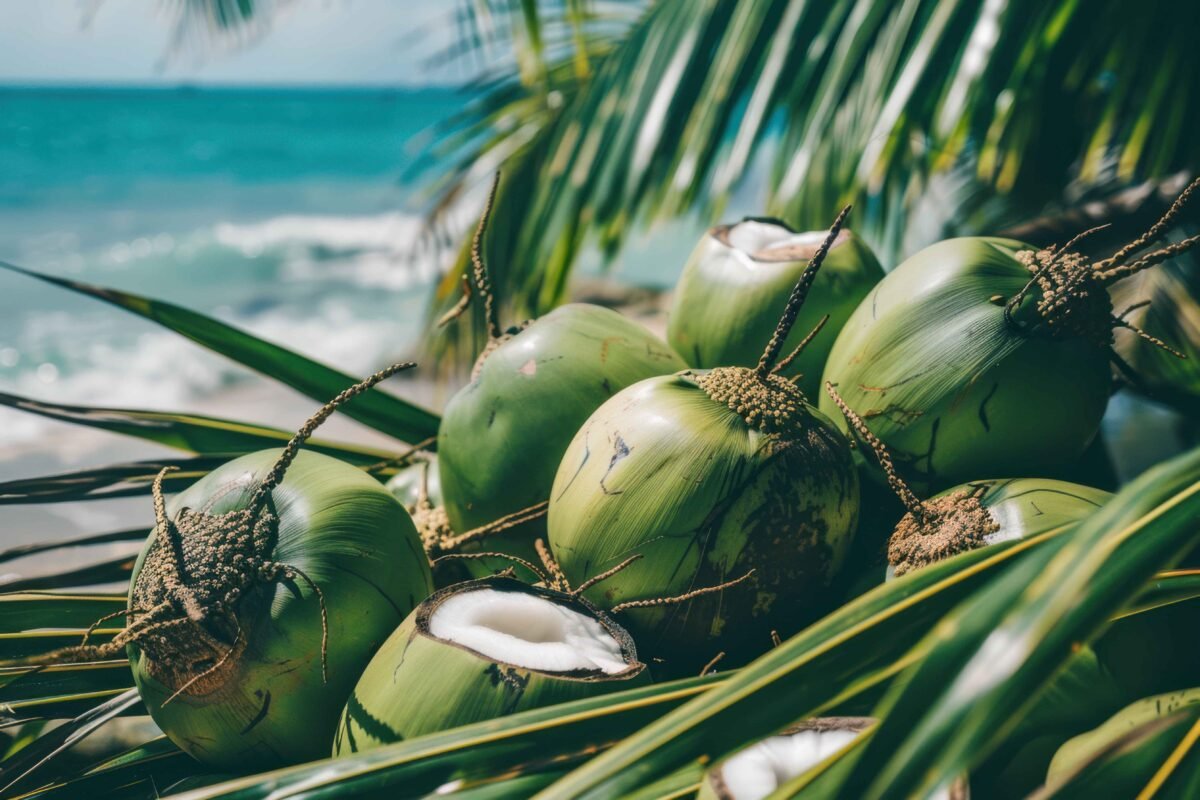 Dehusked and whole Indian coconuts prepared for global shipment by RDS ENTERPRISES.