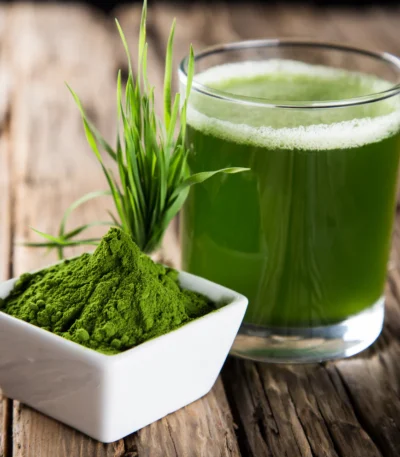 Wheatgrass Powder text representing the green nutrient-rich superfood.