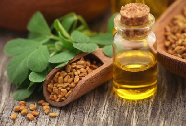 Fenugreek extract displayed in a bowl on a plain background