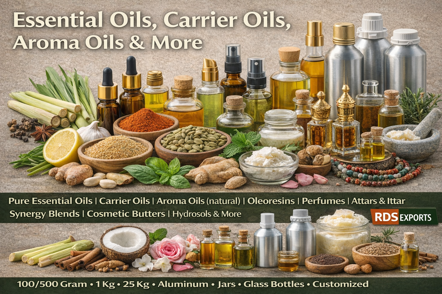 Essential Oils, Carrier Oils, Aroma Oils (natural), Oleoresins, , Perfumes ,Atters/ ittar , Synergy Blends , Hydrosols , Organic oils , Cosmetic Butters , co2 Extracted Oils , Agarwood Oils , Floweral Waters , Organic powders , Products :Lemon grass oils , peppermint , ecualyptus , tea , Cardamom oil, Cinnamon, Clove , Basil , Ginger , Cedar , frankincense , Rosemarry , Ajwain , Rose and Jasmine Aromatic Oils , Coconut Oil , and many More .